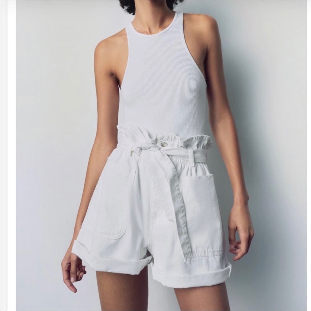 Zara White Denim Paperbag Shorts